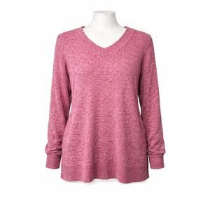 Denim and Co Petite Ribbed V Neck Sweater Pink SP Long Sleeve